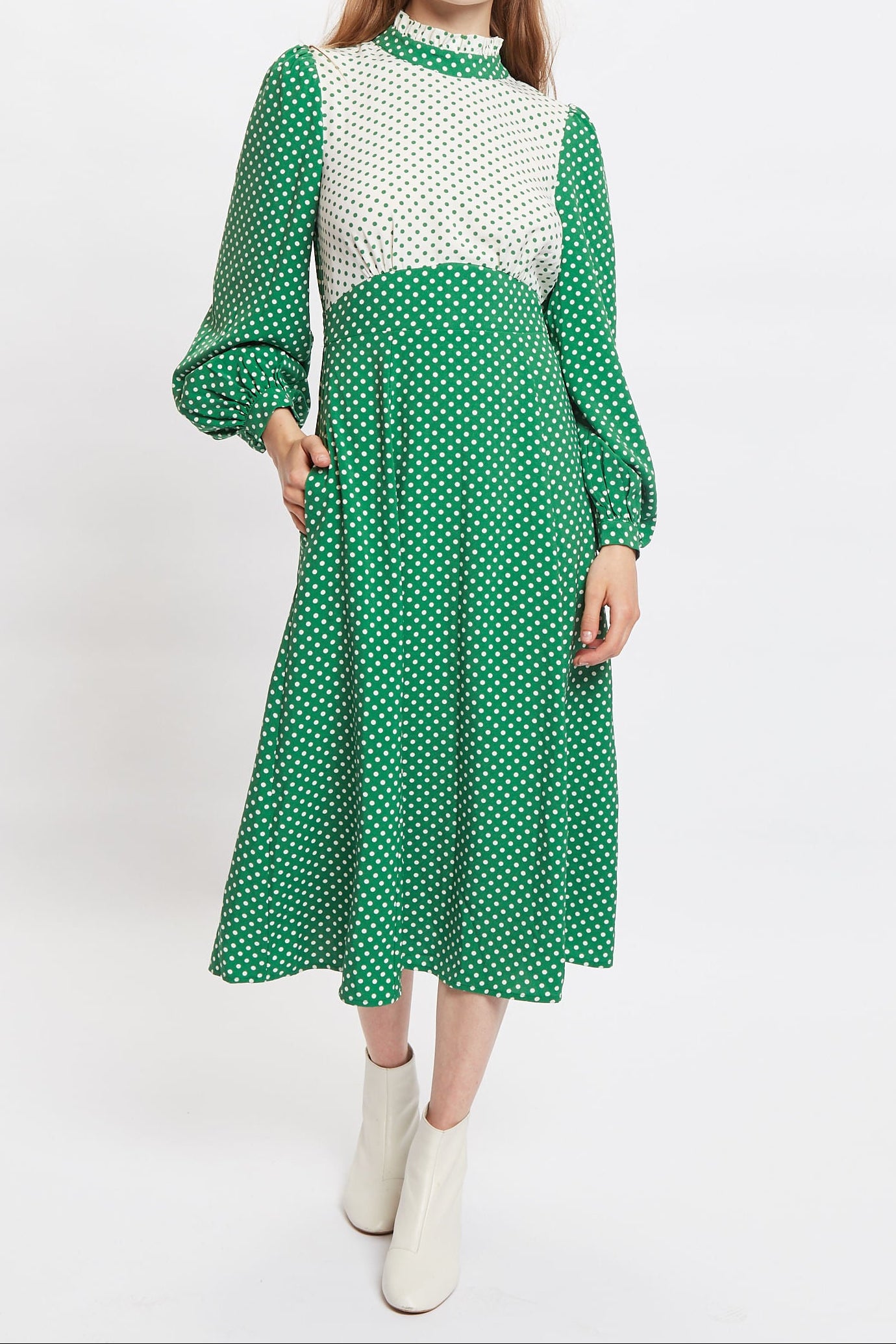 Louche Sorrel Polka Dot Print Long Sleeve Midi Dress – JOY