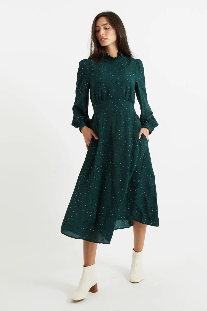 Sorrel Micro Dot Long Sleeve Midi Dress in Green