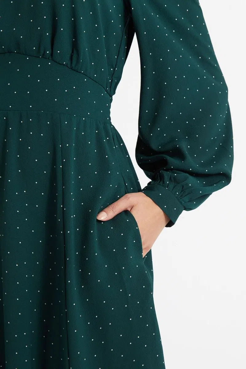 Sorrel Micro Dot Long Sleeve Midi Dress in Green