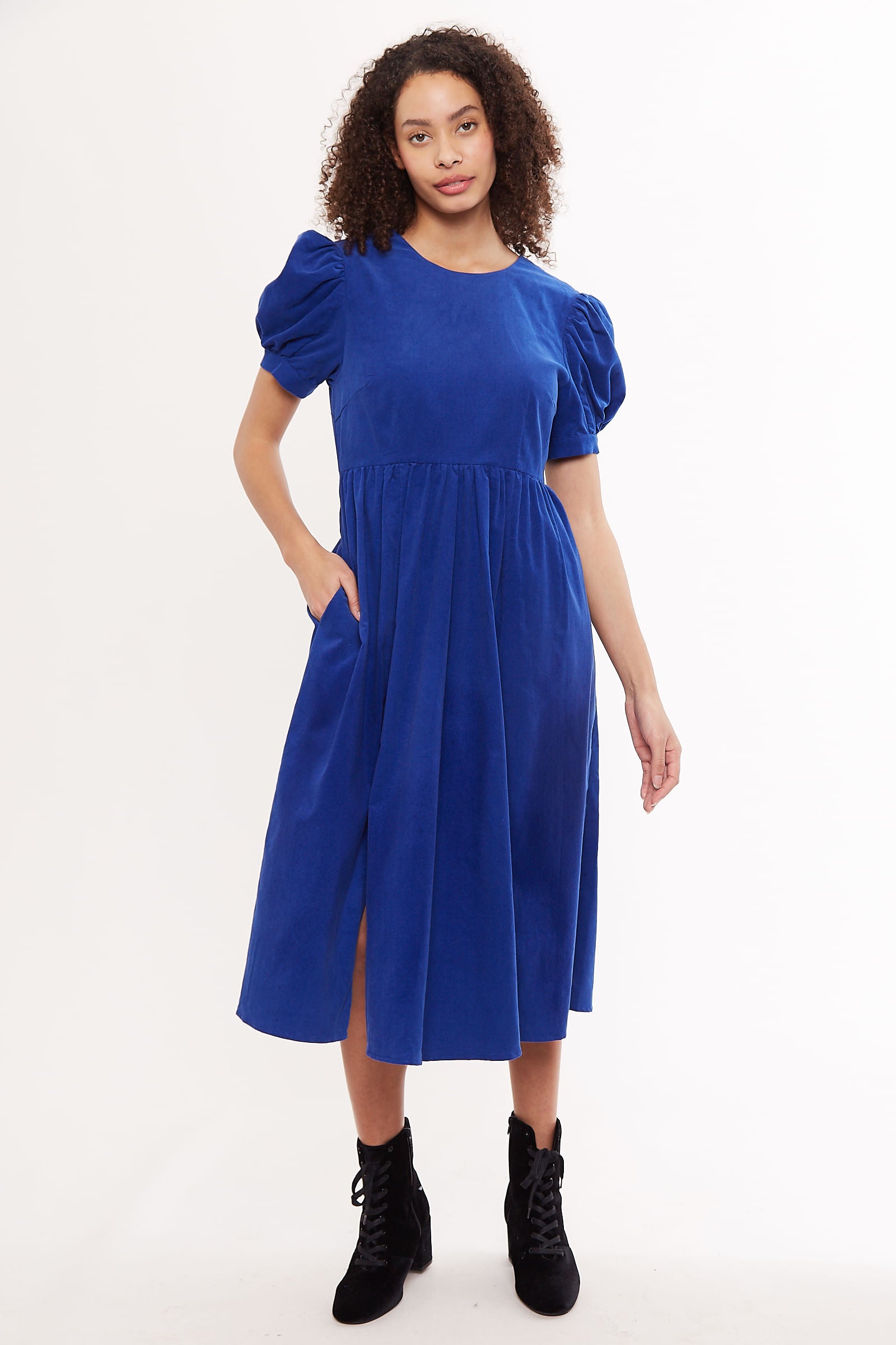Stasia Baby Cord Statement Sleeve Blue Midi Dress - Front
