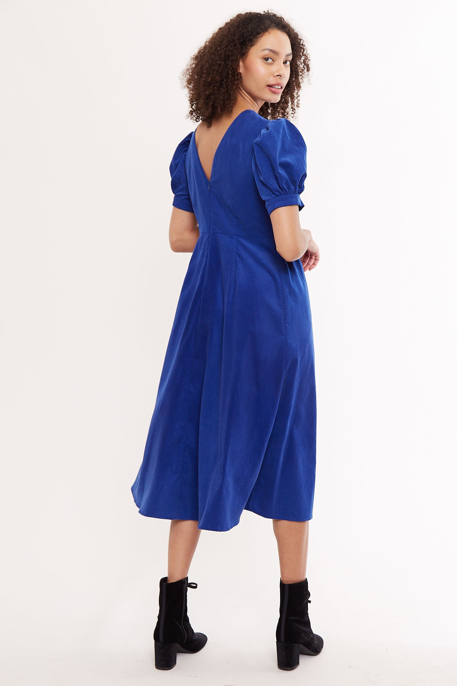 Stasia Baby Cord Statement Sleeve Blue Midi Dress - Back