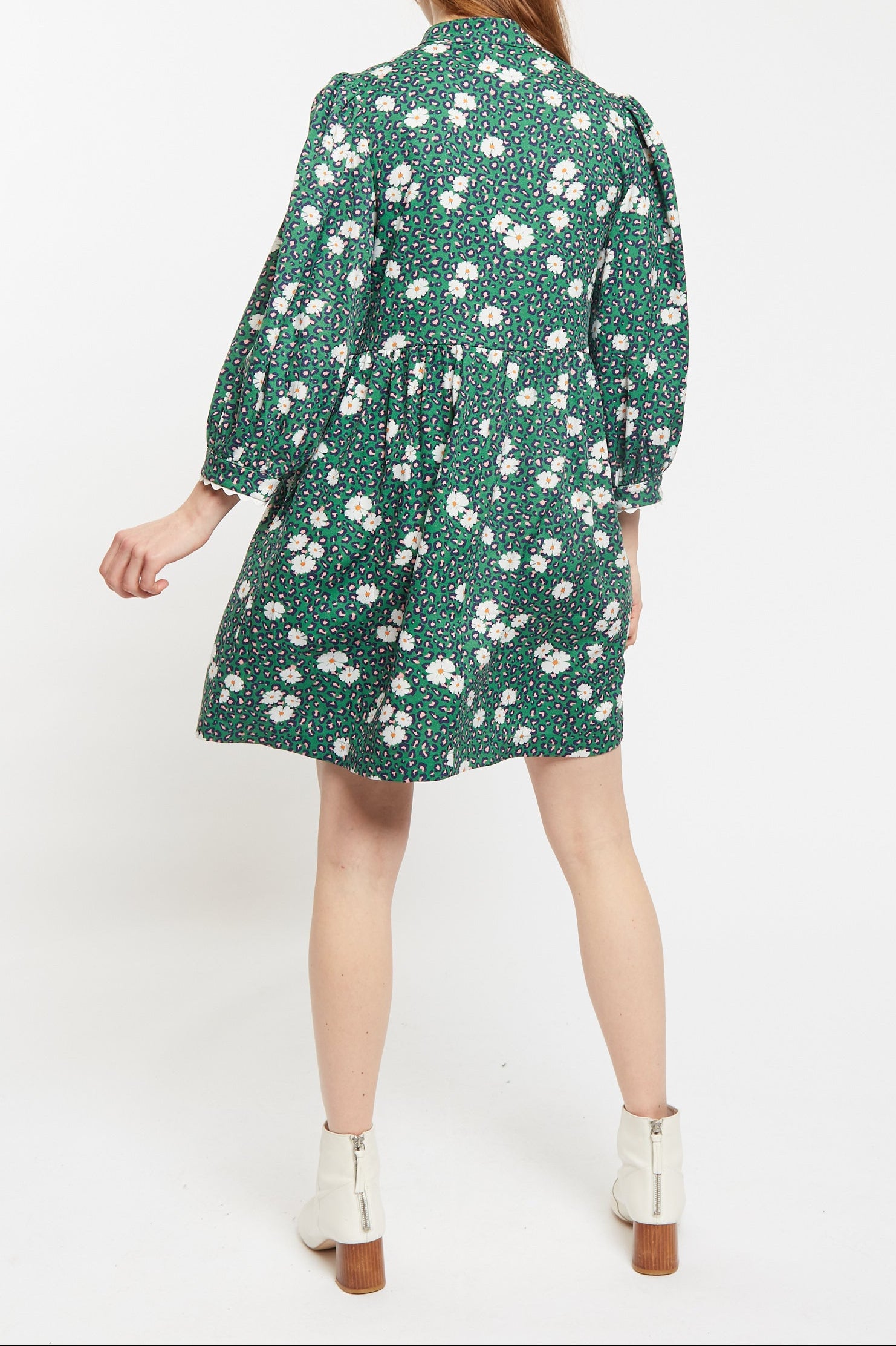 Louche Suzanne Roaring Daisy Print Long Sleeve Mini Dress - Green - Back