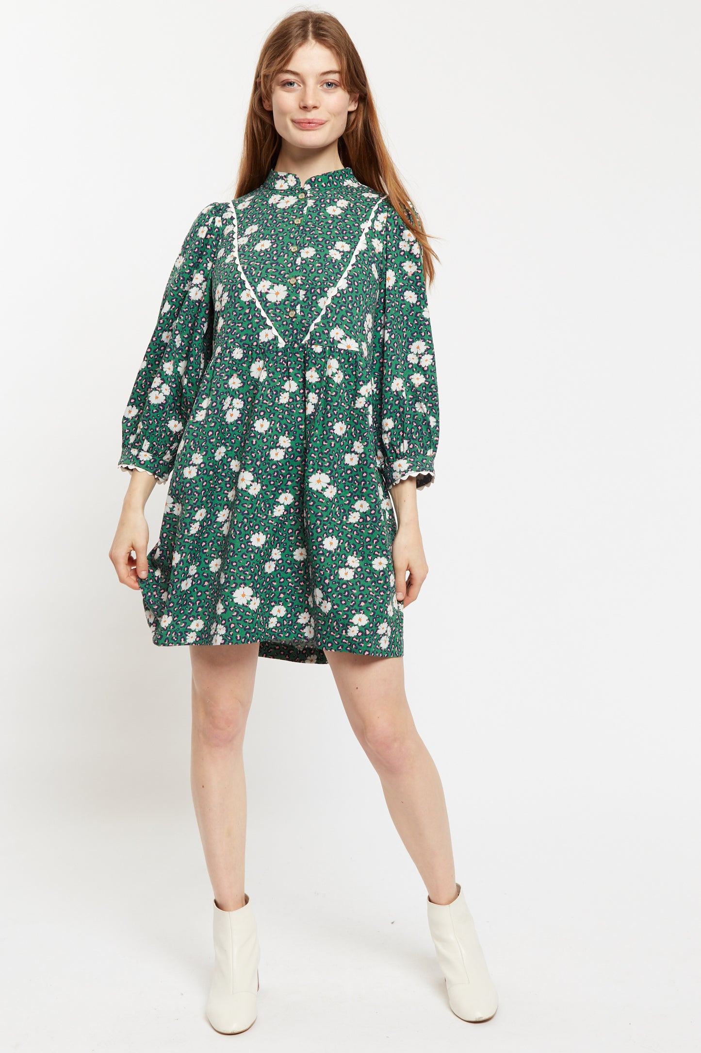 Louche Suzanne Roaring Daisy Print Long Sleeve Mini Dress - Green