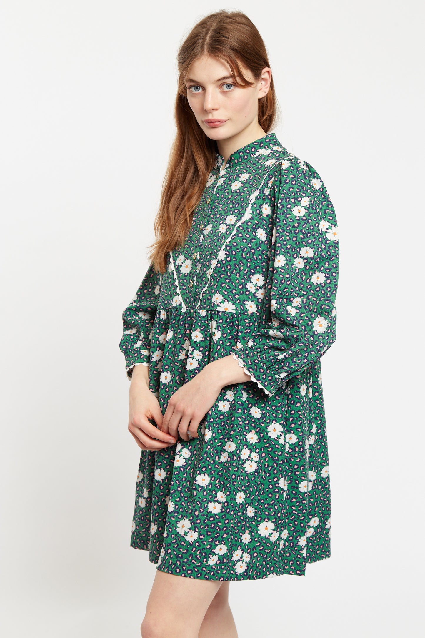 Louche Suzanne Roaring Daisy Print Long Sleeve Mini Dress - Green