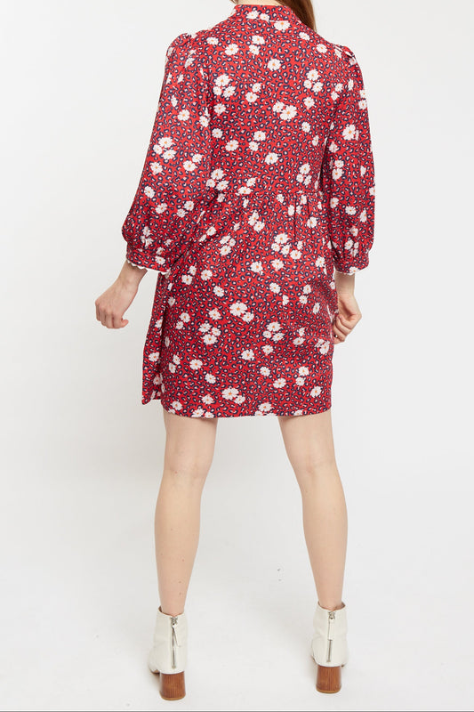 Louche Suzanne Roaring Daisy Print Long Sleeve Mini Dress - Red