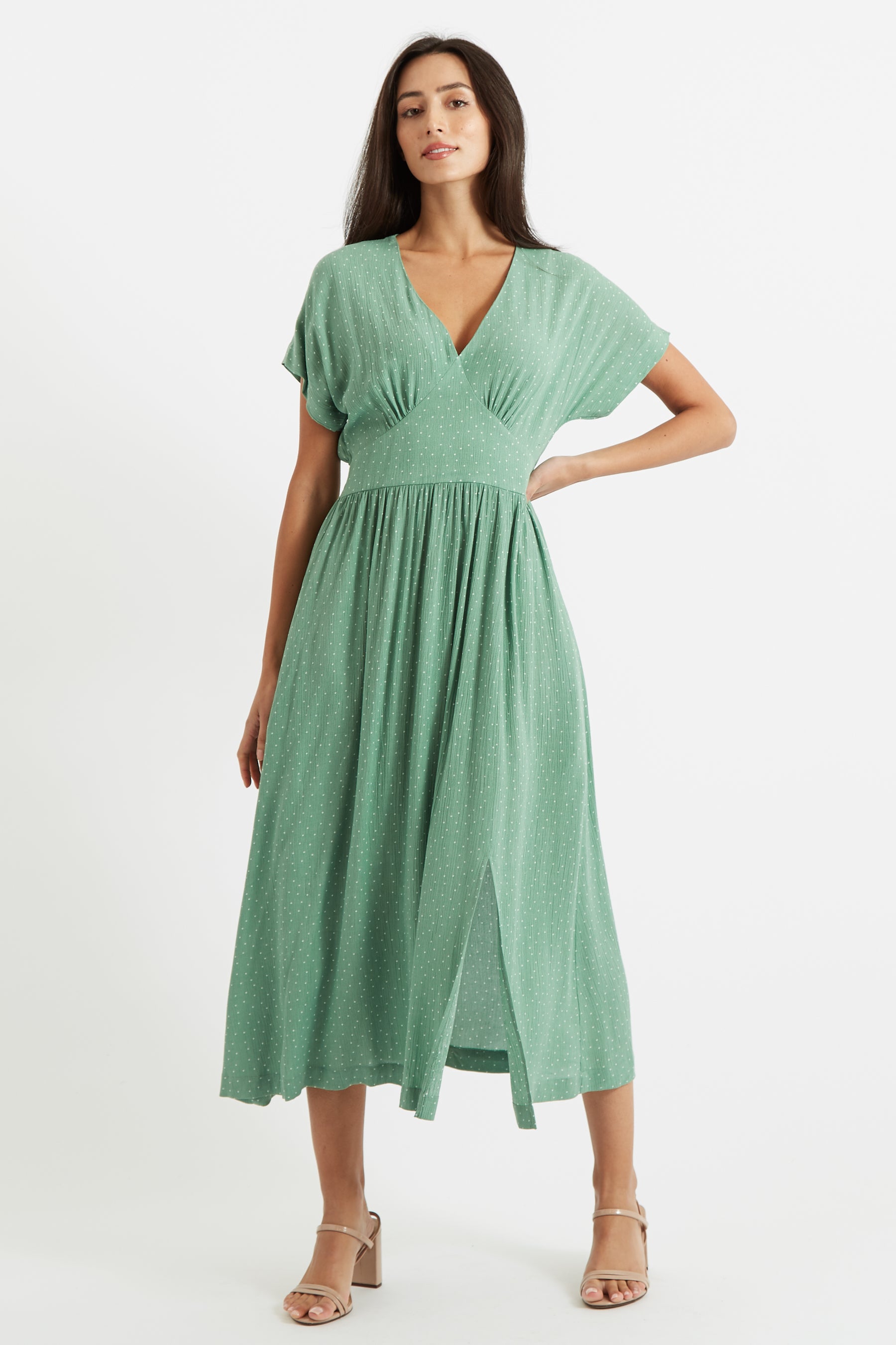 Unity Petite Dot V-Neck Midi Dress - Mint - Front