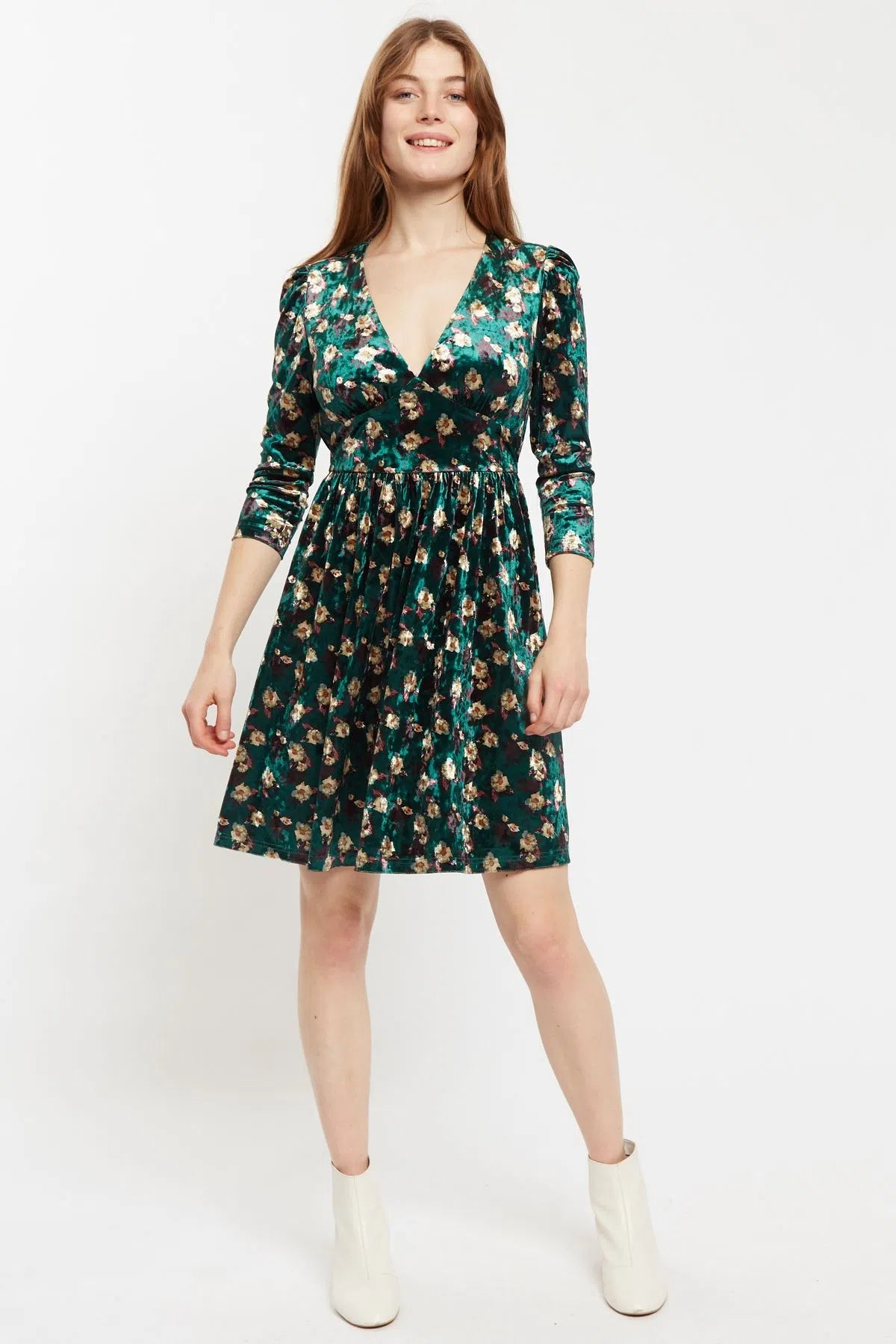 Louche Annalise Paintbrush Print Velvet V Neck Mini Dress