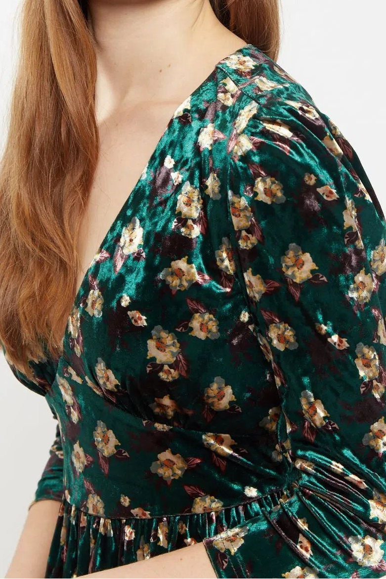 Louche Annalise Paintbrush Print Velvet V Neck Mini Dress