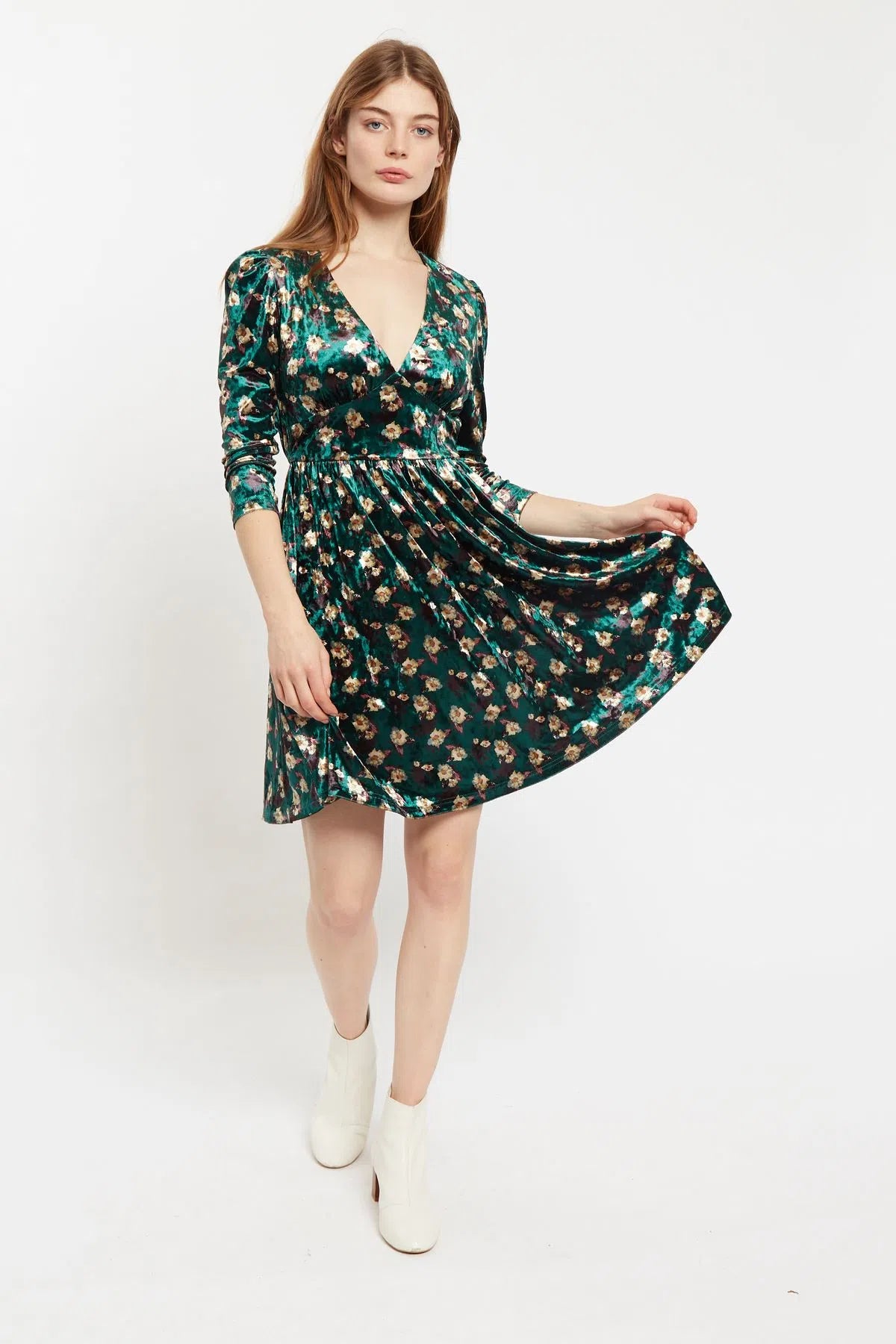 Louche Annalise Paintbrush Print Velvet V Neck Mini Dress