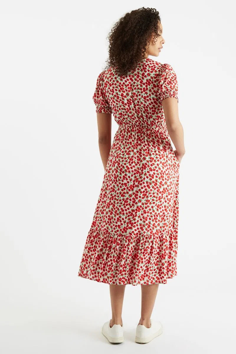 Louche Beatrix Roses Print V Neck Short Sleeve Midi Tiered Dress