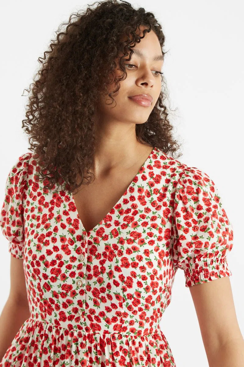 Louche Beatrix Roses Print V Neck Short Sleeve Midi Tiered Dress