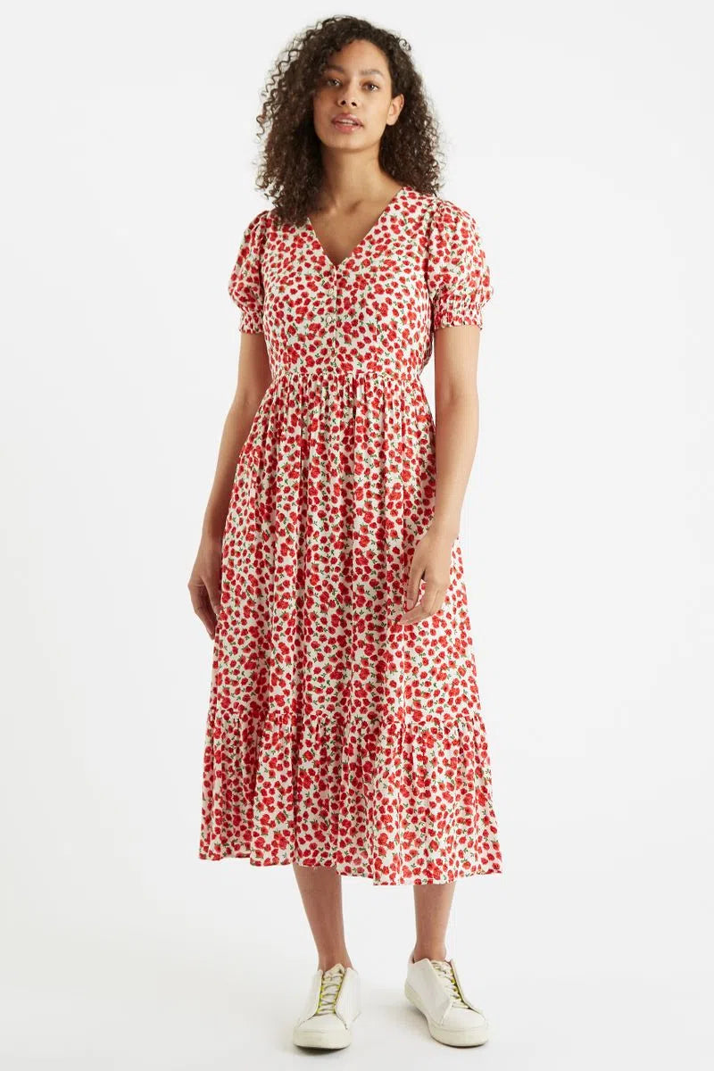 Louche Beatrix Roses Print V Neck Short Sleeve Midi Tiered Dress