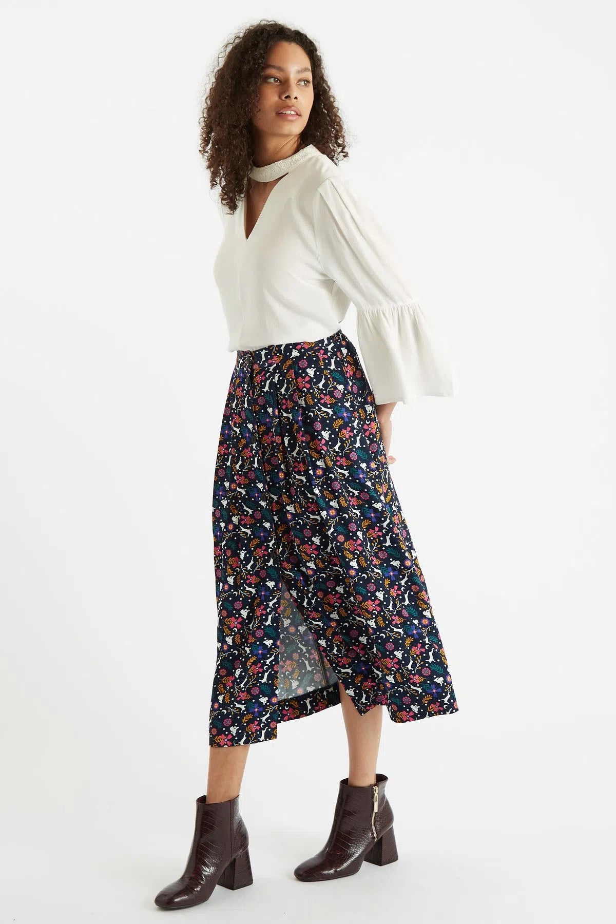 Louche Bia White Rabbit Print Button Through Midi Skirt JOY