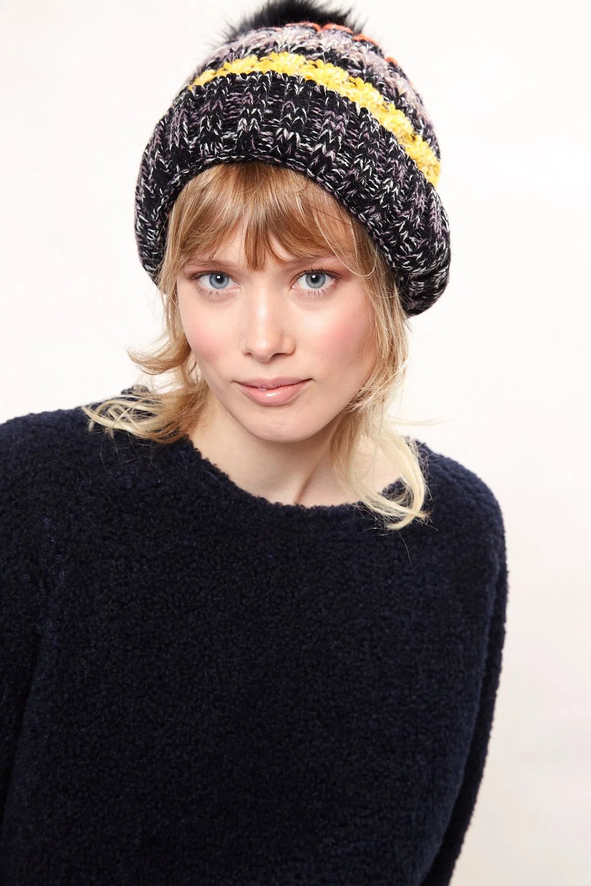 Louche Orla Striped Knitted Beanie With Faux Fur Bobble - Black - Detail 1