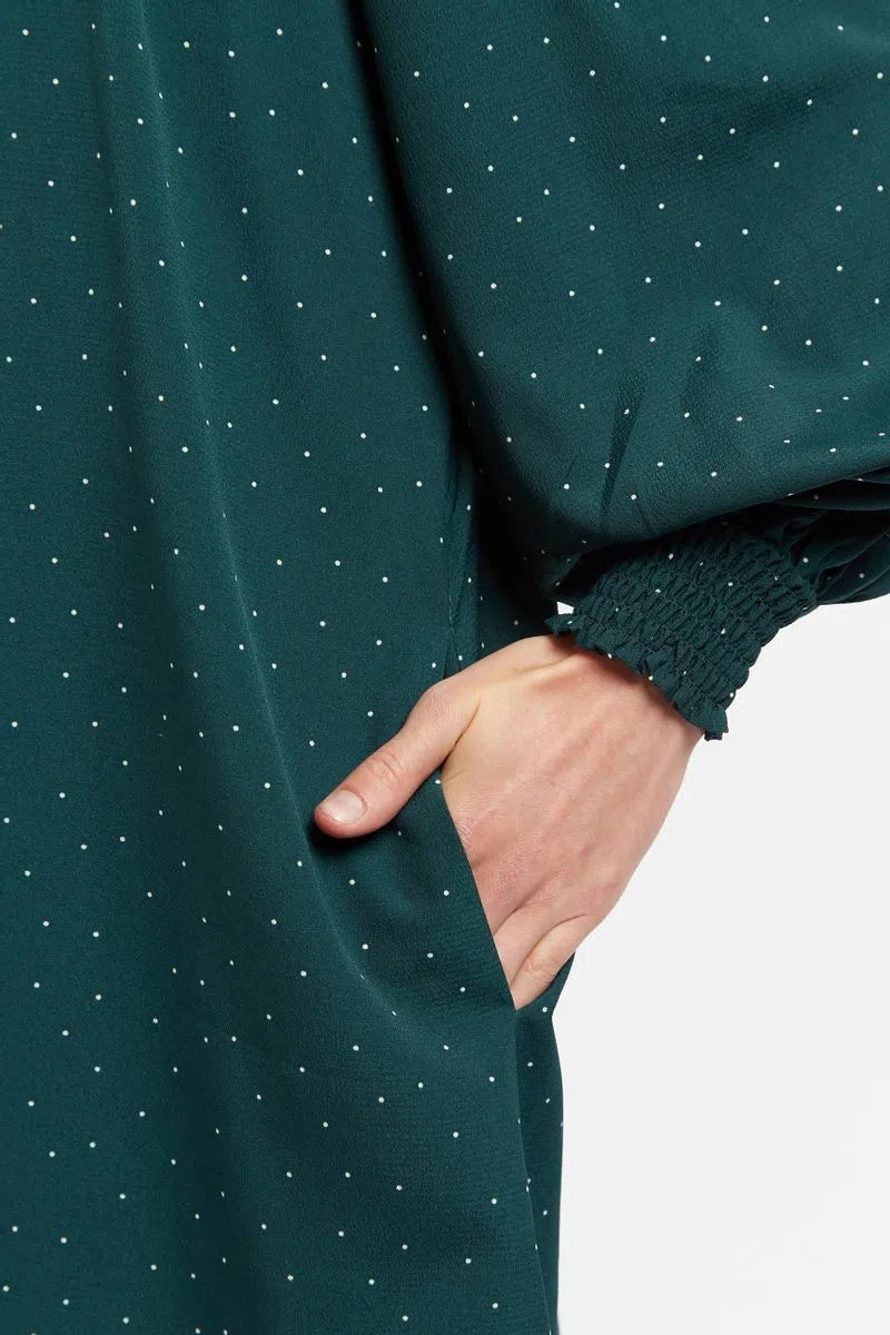 Louche Brigitta Micro Dot Throw On Smock Dress in Green - Detail 2