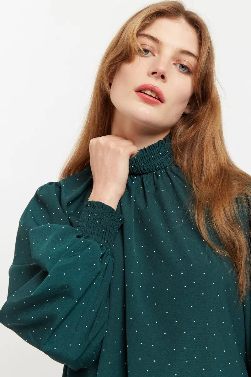 Louche Brigitta Micro Dot Throw On Smock Dress in Green