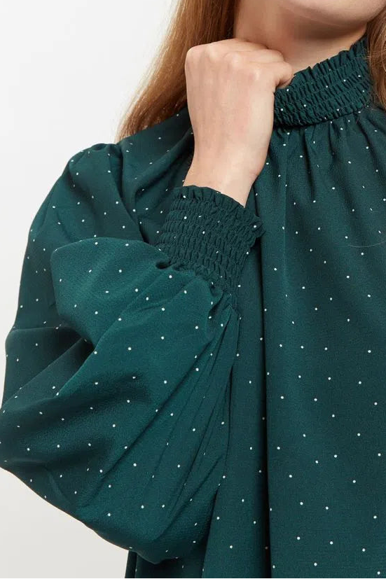 Louche Brigitta Micro Dot Throw On Smock Dress in Green - Detail 1