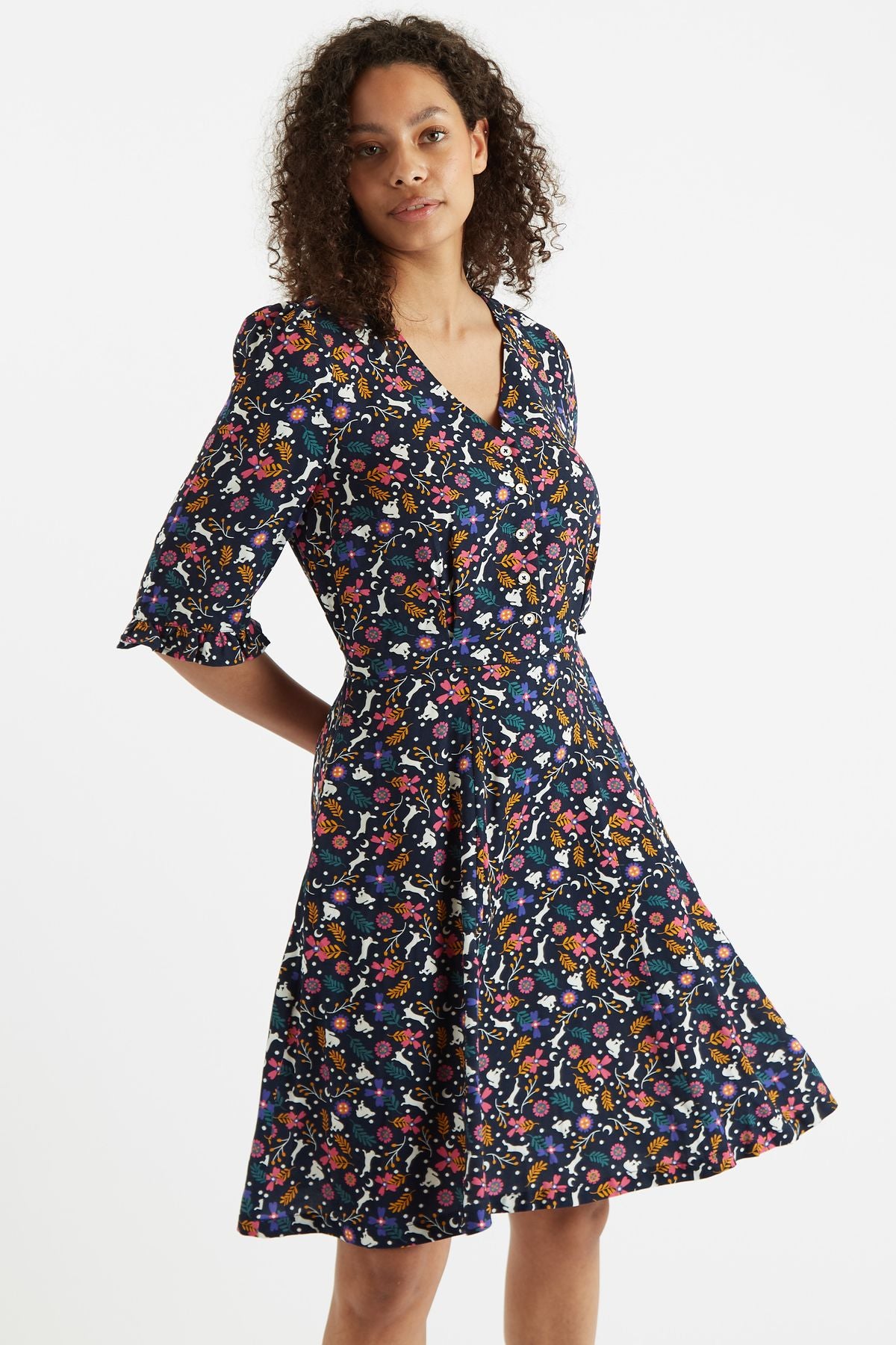 Caitlin White Rabbit Print V Neck Mini Dress