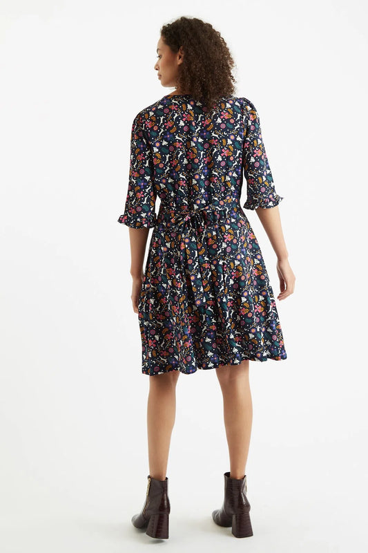 Louche Caitlin White Rabbit Print V Neck Mini Dress