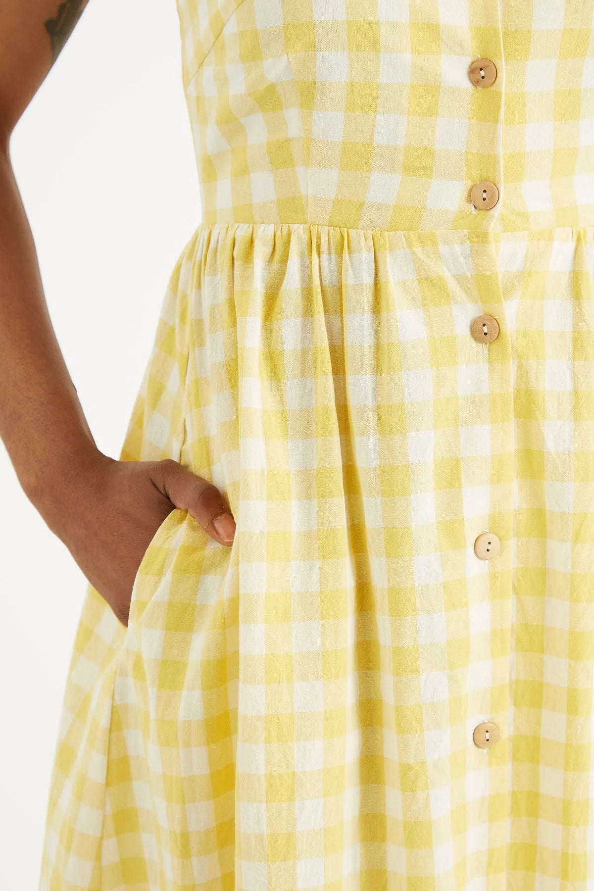 Louche Clover Picnic Check Button Through Midi Sundress In Yellow