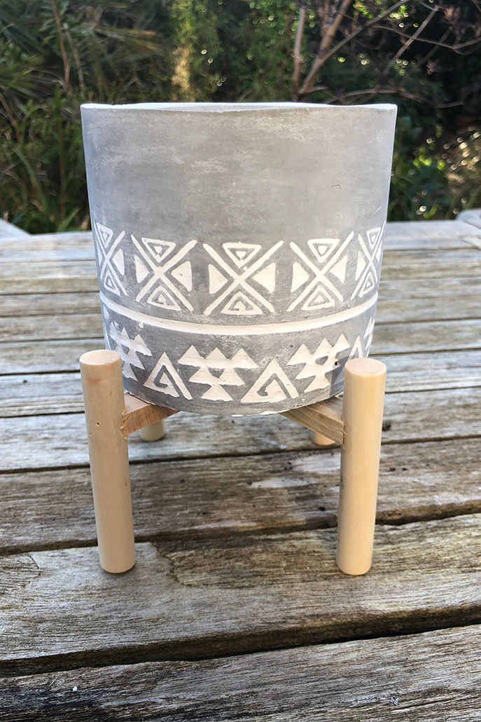 Large Embossed Aztec Concrete Candle With Stand - Front