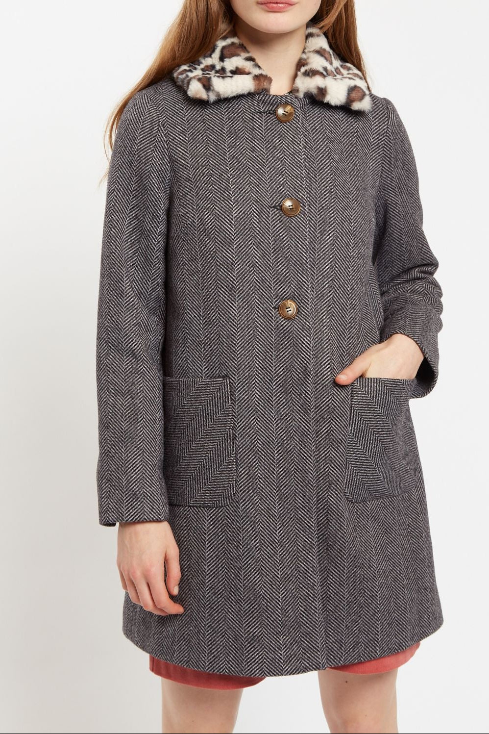 Dryden Herringbone Faux Fur Collar A Line Coat - Front