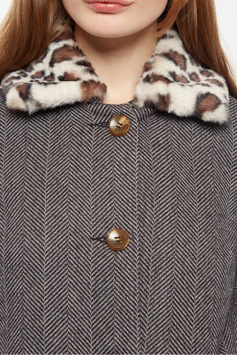 Dryden Herringbone Faux Fur Collar A Line Coat - Detail 1