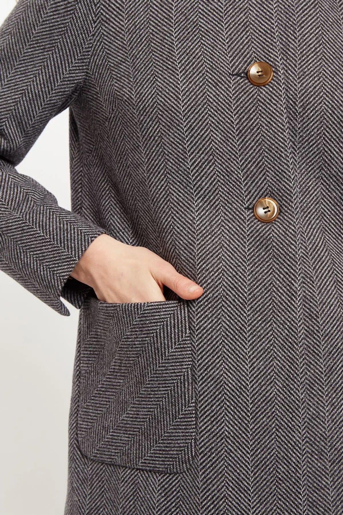 Dryden Herringbone Faux Fur Collar A Line Coat - Styled