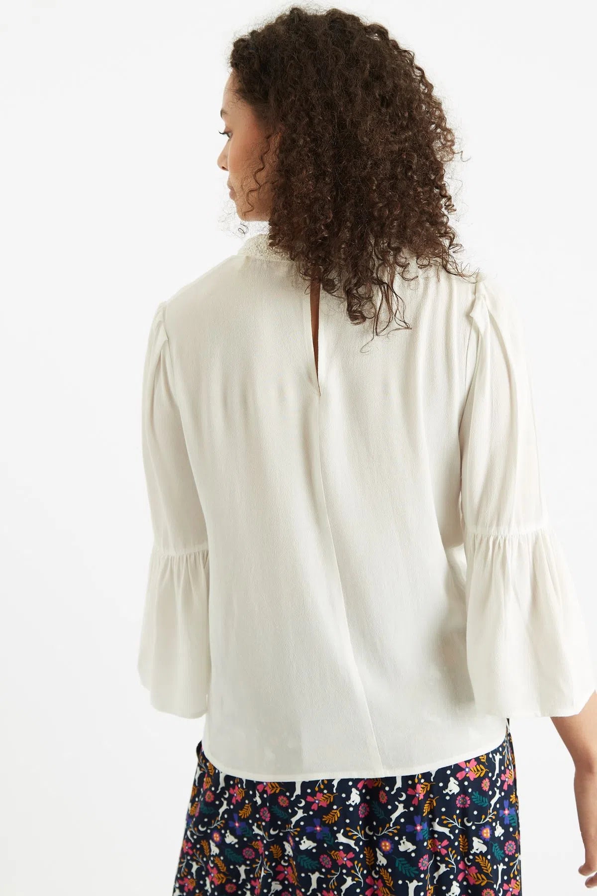 Louche Eartha Crepe Lace Trim Long Sleeve Blouse