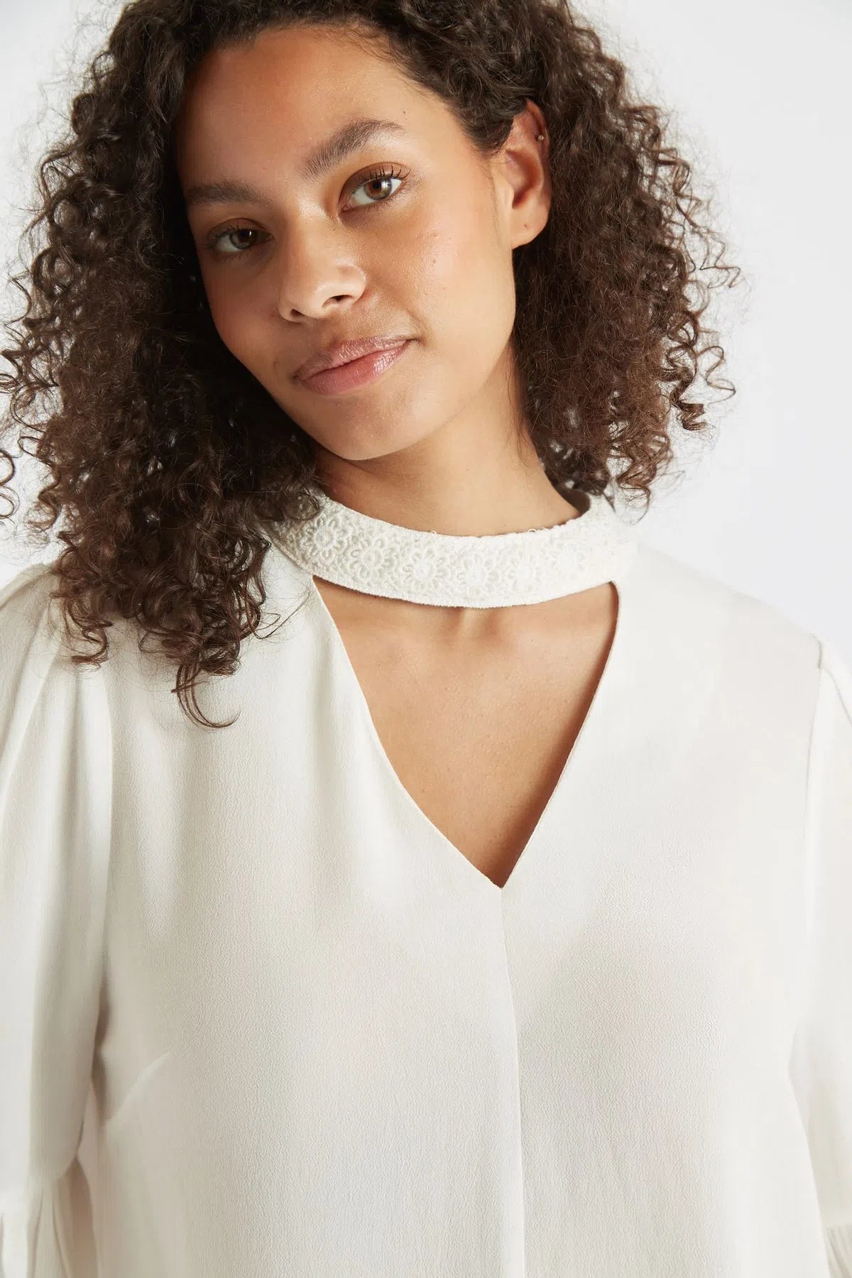 Louche Eartha Crepe Lace Trim Long Sleeve Blouse