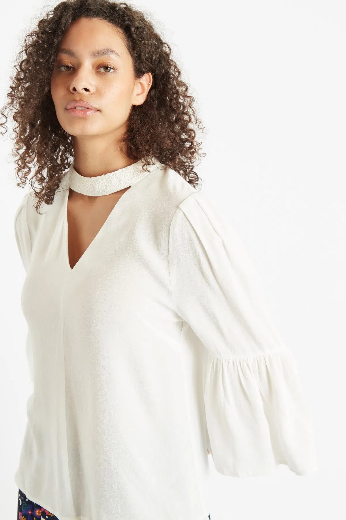 Louche Eartha Crepe Lace Trim Long Sleeve Blouse