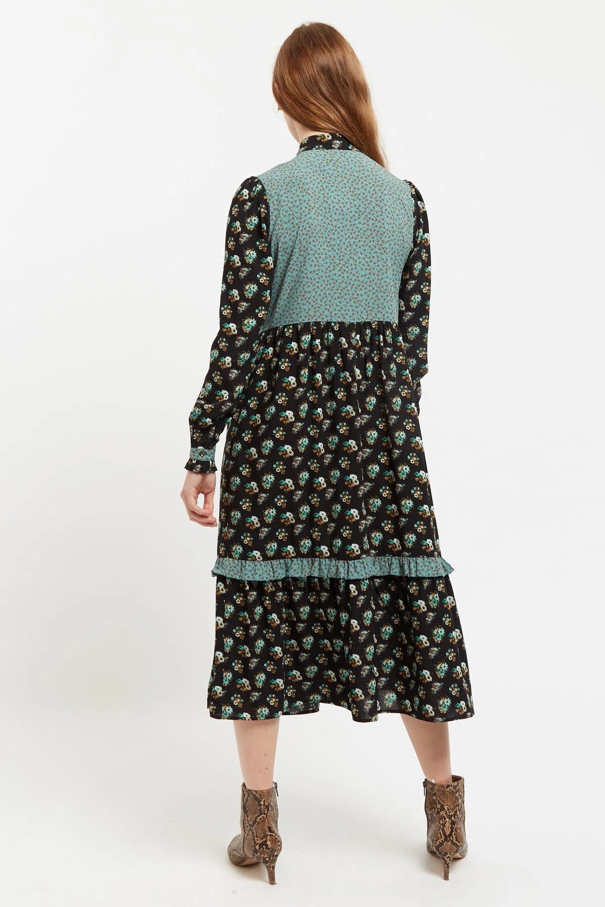 Louche Elsie Posy Patchwork Print Tiered Long Sleeve Midi Dress - Back