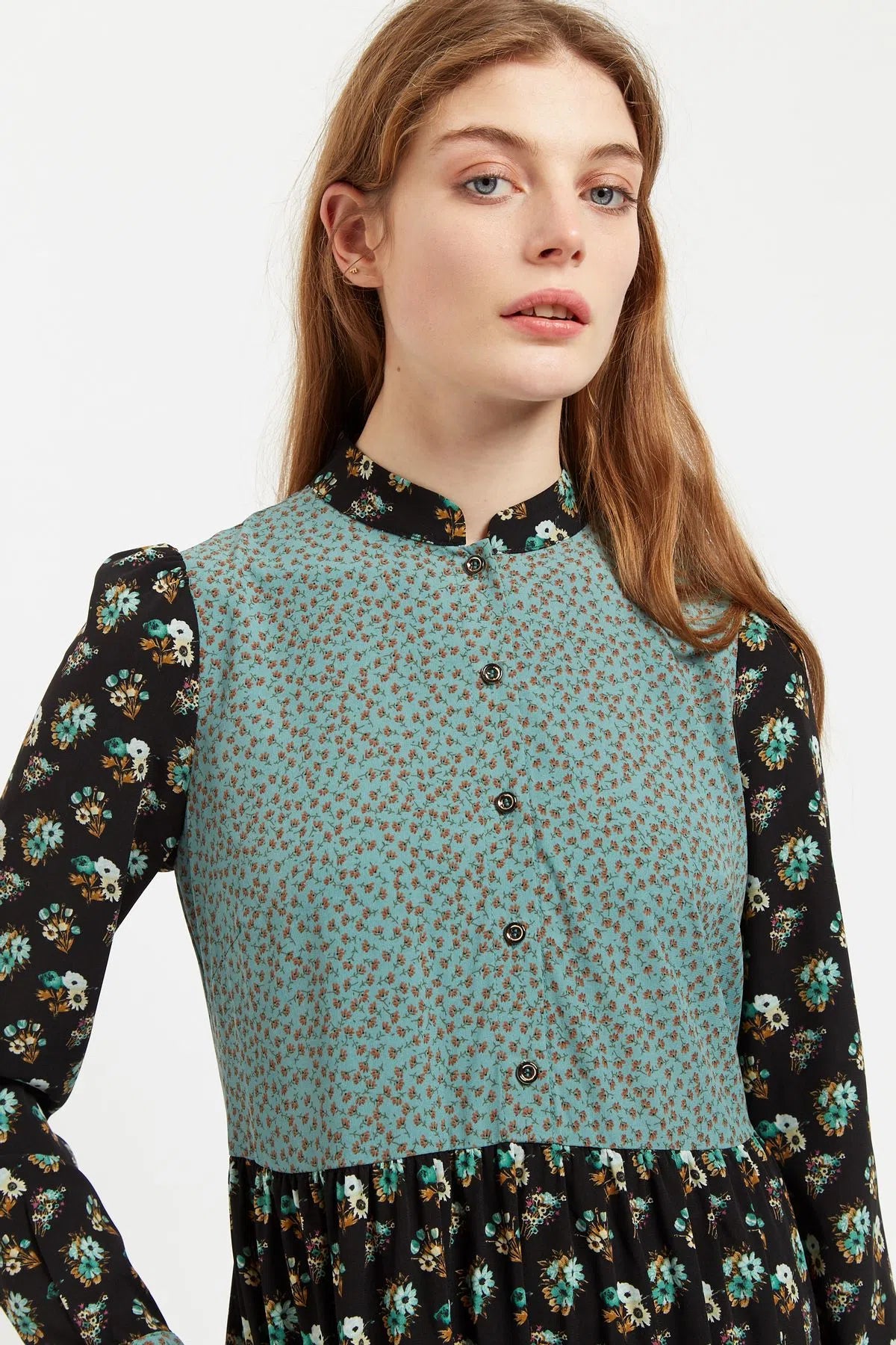 Louche Elsie Posy Patchwork Print Tiered Long Sleeve Midi Dress
