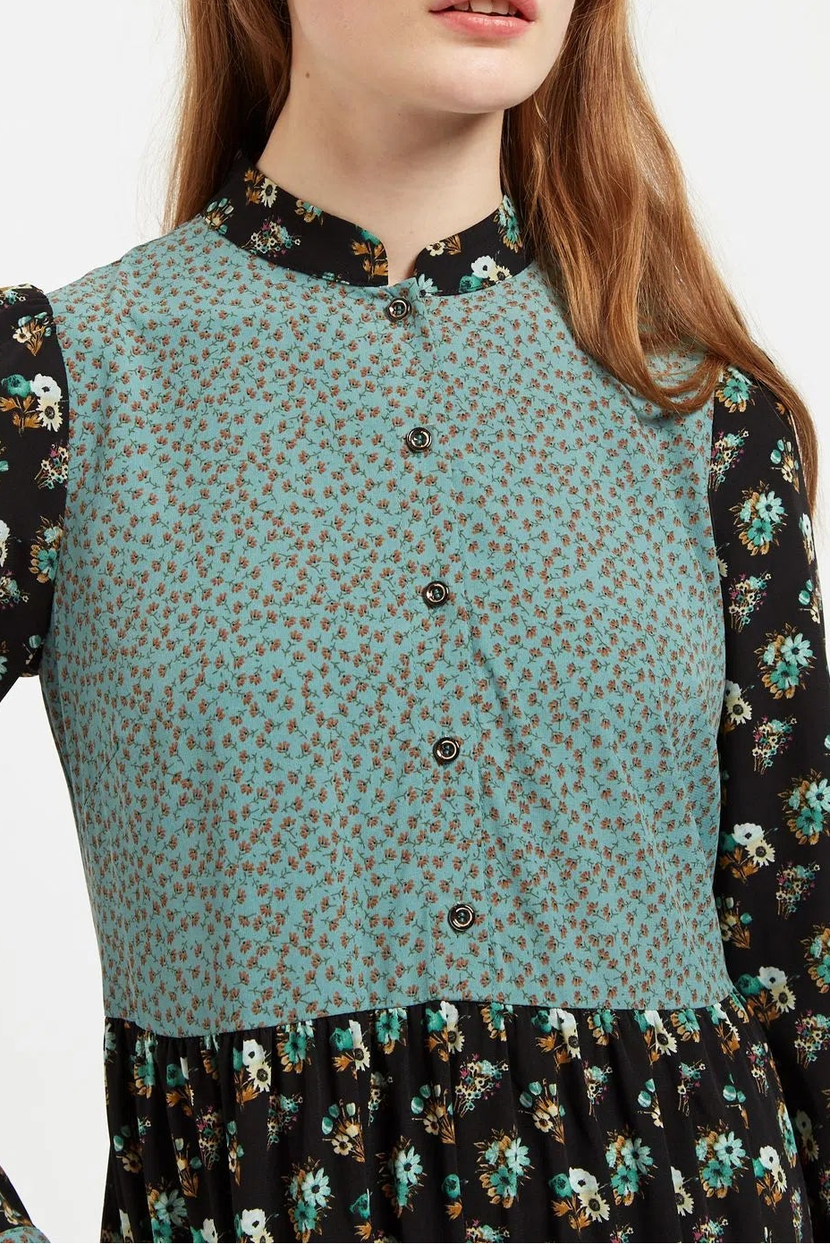Louche Elsie Posy Patchwork Print Tiered Long Sleeve Midi Dress - Detail 1