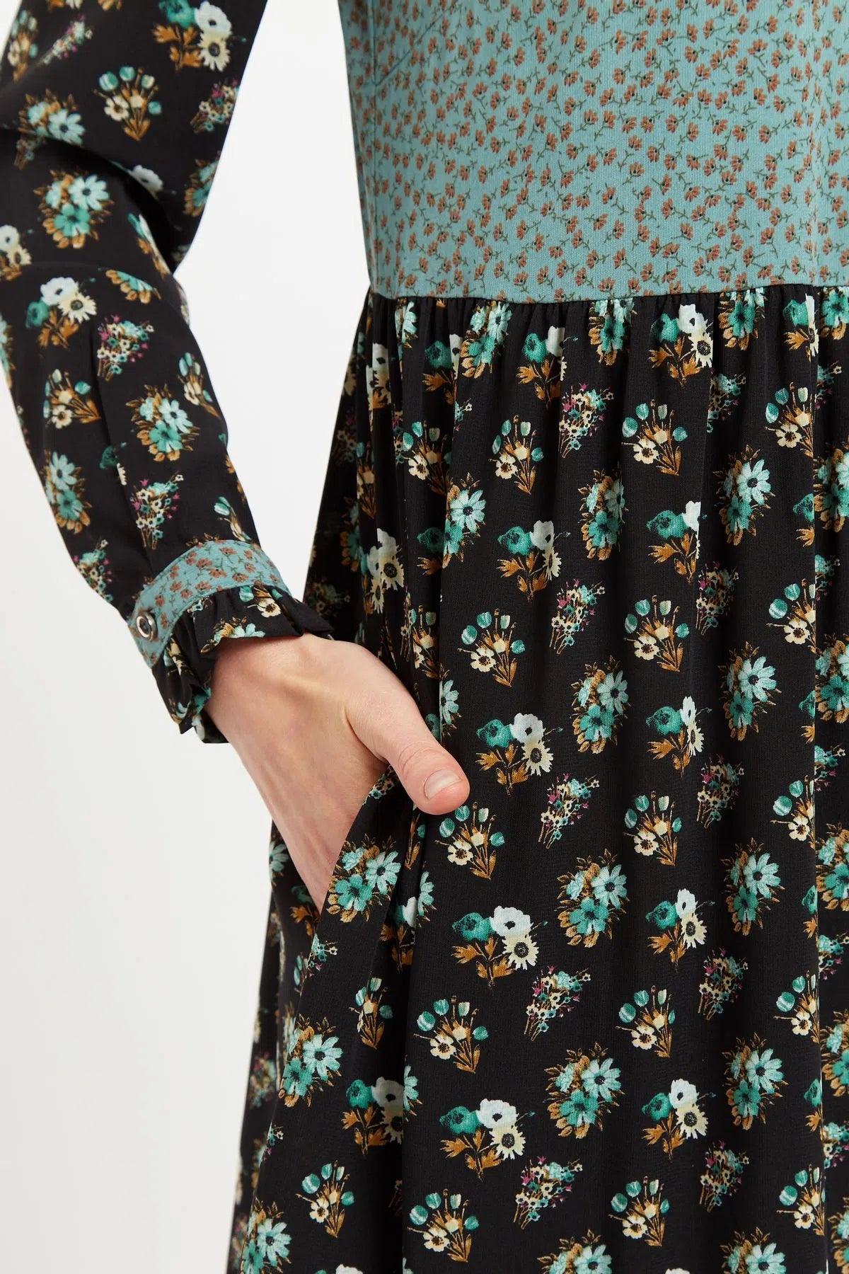 Louche Elsie Posy Patchwork Print Tiered Long Sleeve Midi Dress