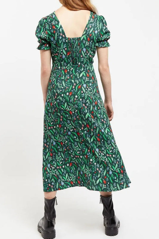 Louche Flo Folk Floral Print Puff Sleeve Midi Dress