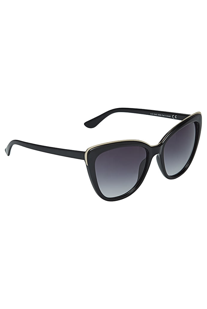Louche Gail cat-eye sunglasses detail — three-quarter view of black acetate frame with gold edge accent.