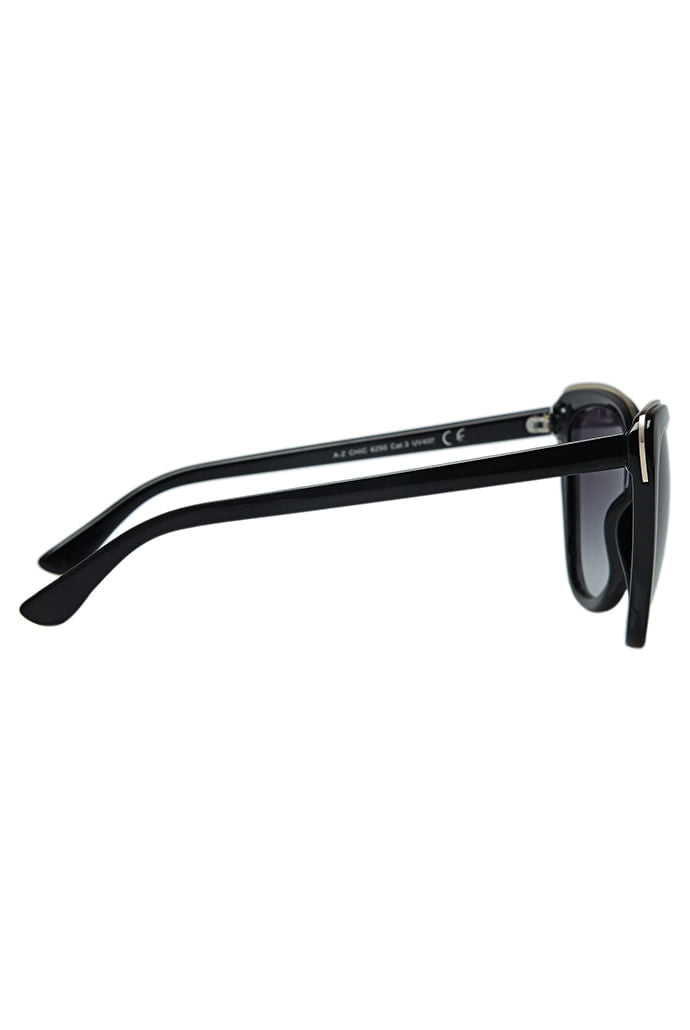 Louche Gail cat-eye sunglasses detail — side profile of sleek black temple.