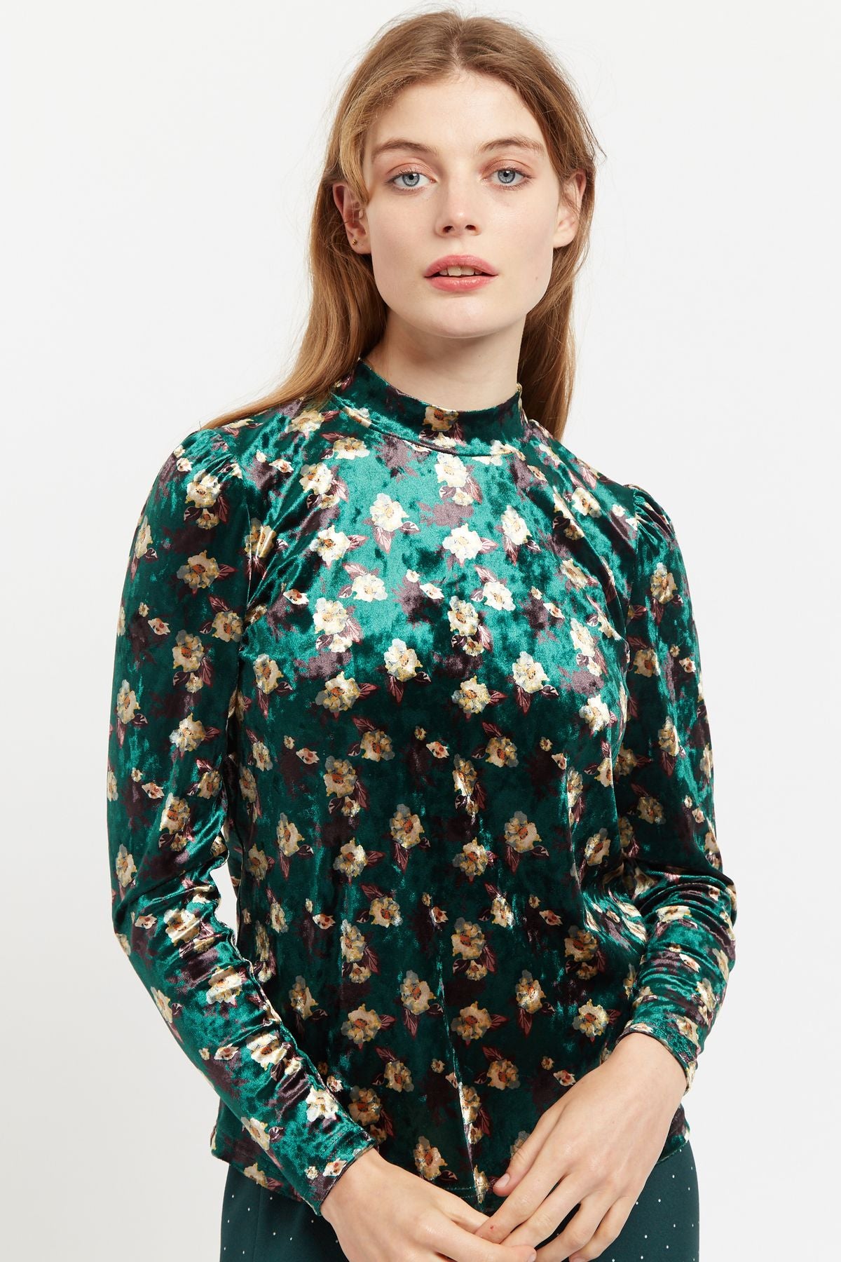 Louche Kirstine Paint Brush Print Velvet Long Sleeve Top in Multi