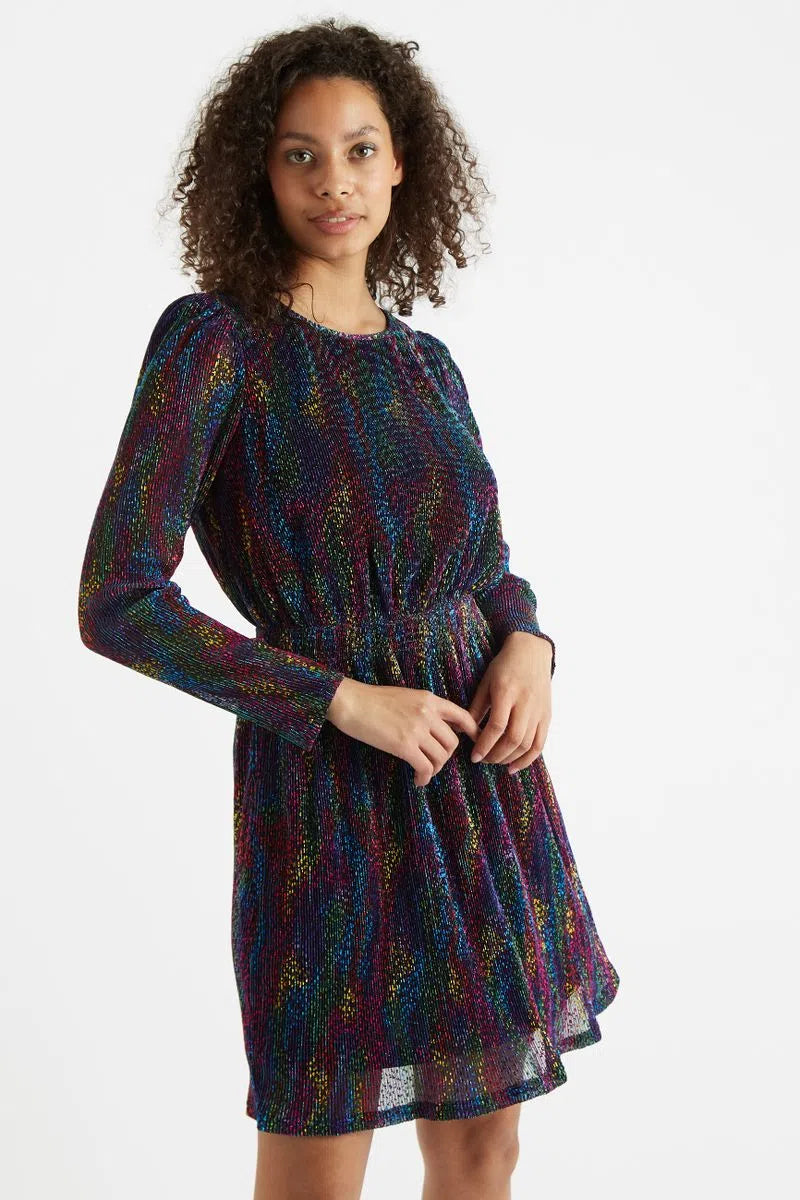 Louche Leina Plisse Foil Print Long Sleeved Mini Dress