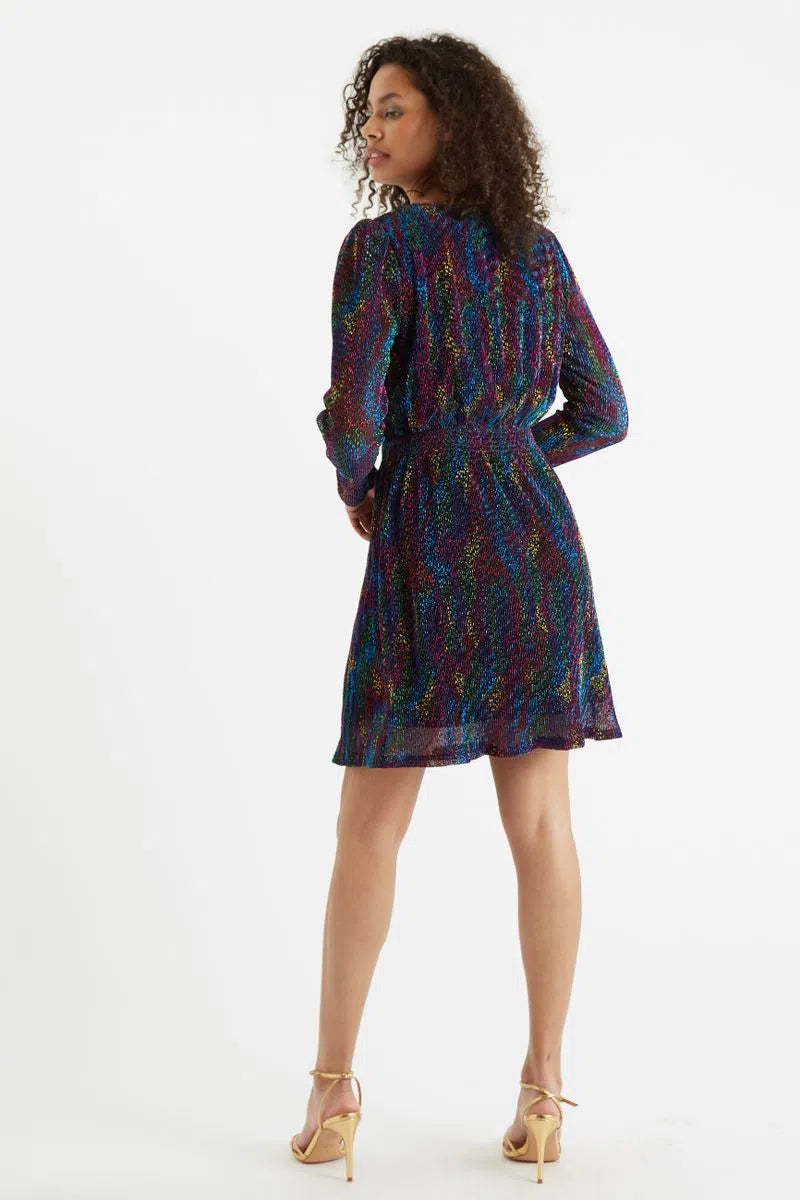 Louche Leina Plisse Foil Print Long Sleeved Mini Dress