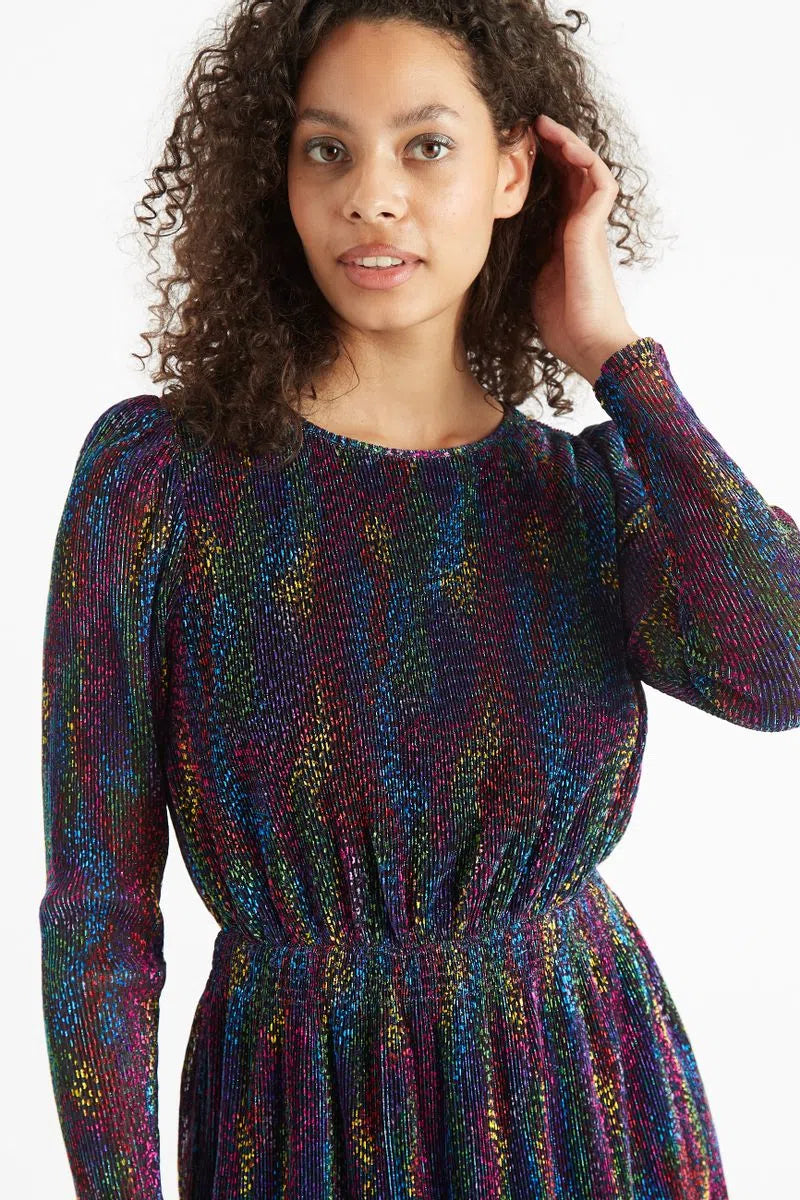 Louche Leina Plisse Foil Print Long Sleeved Mini Dress