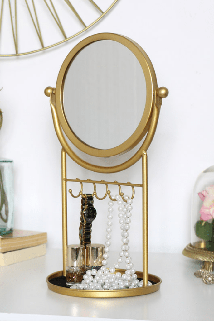 Gold Round Mirror And Jewellery Stand