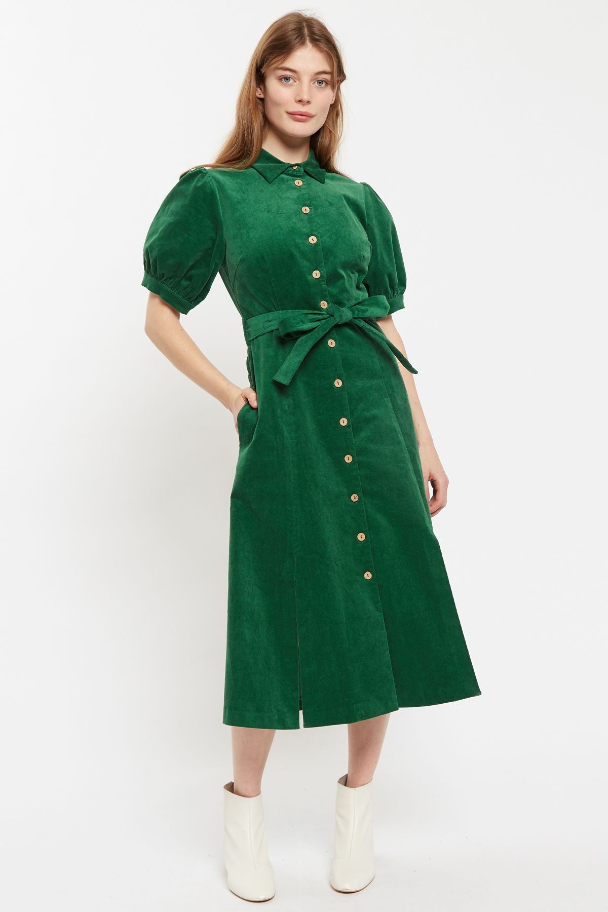 Mollie Baby Cord Puff Sleeve Midi Shirtdress