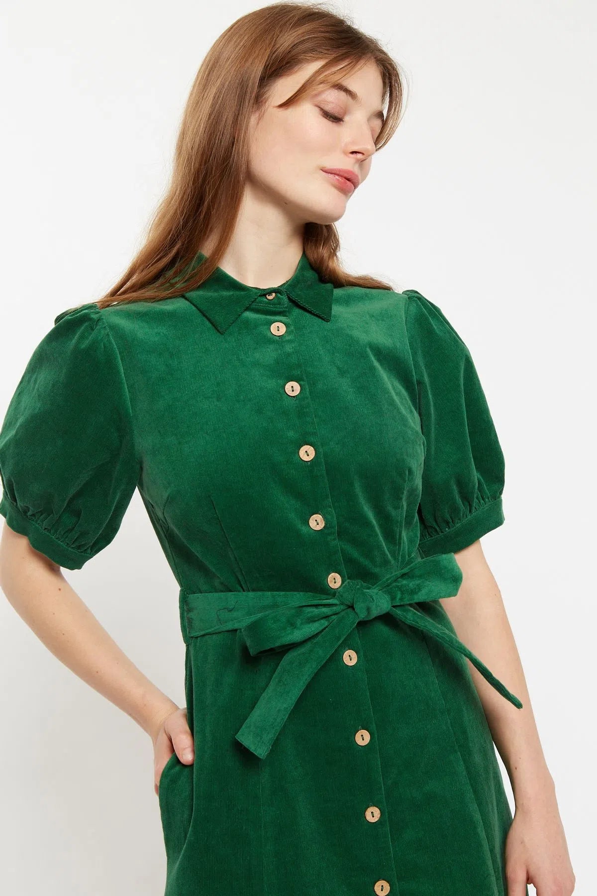 Mollie Baby Cord Puff Sleeve Midi Shirtdress