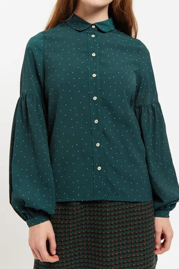 Louche Monroe Micro Dot Statement Sleeve Blouse in Green
