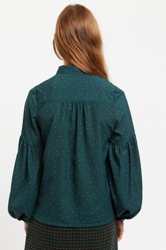 Louche Monroe Micro Dot Statement Sleeve Blouse in Green