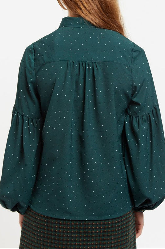 Louche Monroe Micro Dot Statement Sleeve Blouse in Green