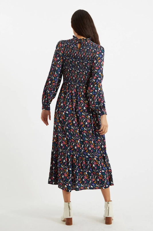 Louche Peppi White Rabbit Print Smocked Bodice Midi Dress