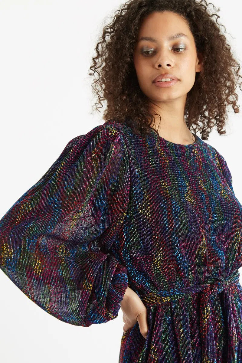 Louche Roza Plisse Foil Print V Back Midi Dress